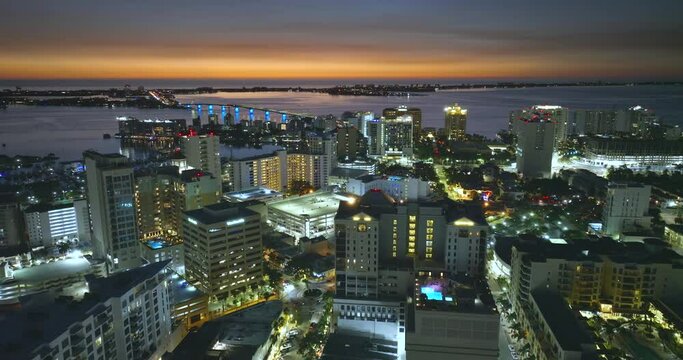 Sarasota city, Florida with waterfront office high-rise buildings and John Ringling Causeway leading from downtown to St. Armands Key. Development of housing and transportation in the US