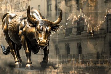 A bull statue is in front of a building with a graph of stock prices - Powered by Adobe