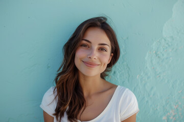 A woman in a white shirt is smiling in front of a blue wall