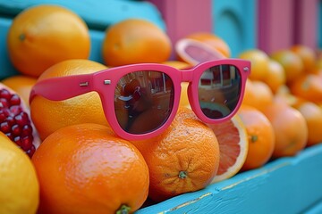 Colorful sunglasses on a citrus backdrop