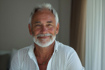 A man with gray hair and a beard smiles for the camera