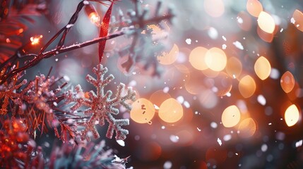 Delicate snowflakes gently falling against a backdrop of festive decorations, creating a picturesque scene of holiday enchantment. 8k, realistic, full ultra HD, high resolution, and cinematic