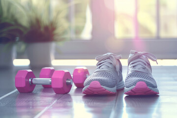 Athletic shoes with pink weights on the floor