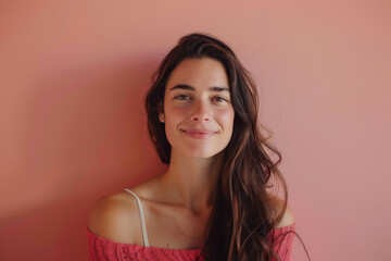A woman with long hair is smiling in front of a pink wall