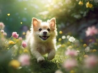 Obraz premium A playful and loving puppy happily runs towards you across the open sunny lawn. 