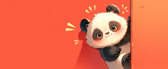 A cute panda peeking out from behind the red wall, creating an adorable and playful visual with its fluffy fur against the vibrant background.  - obrazy, fototapety, plakaty