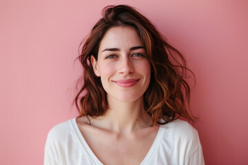 A woman is smiling in front of a pink wall