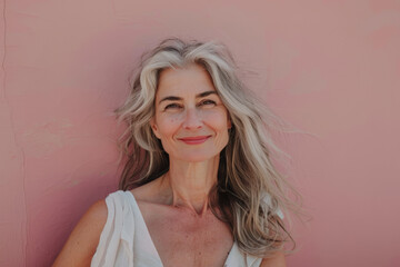 A woman with gray hair is smiling in front of a pink wall