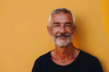 A man with a beard is smiling in front of a yellow wall