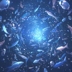 Explore the Depths: Mesmerizing Underwater Scene with Schools of Iridescent Fish and a Mysterious Blue Core