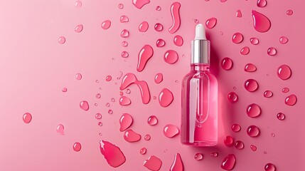 Obraz na płótnie Canvas Cosmetic bottle with pipette on pink background with water drops