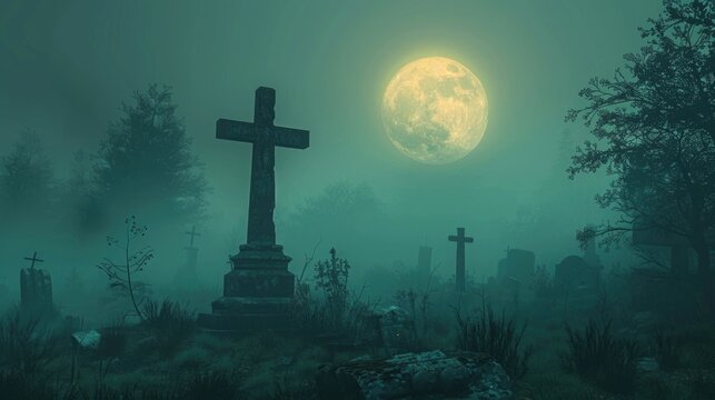 Halloween night background with a spooky graveyard, fog, and a dimly lit full moon