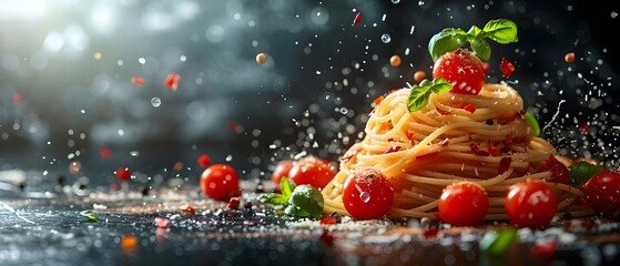 Suspended Symphony of Spaghetti & Spices. Concept Food Photography, Culinary Creations, Artistic Food Presentation, Vibrant Ingredients