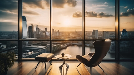A luxury living room with stunning views to London skyline; hotel room
