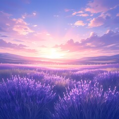 Gentle Morning Sunrise Over Lavender Fields - Dreamy Landscape for Calming Scenes