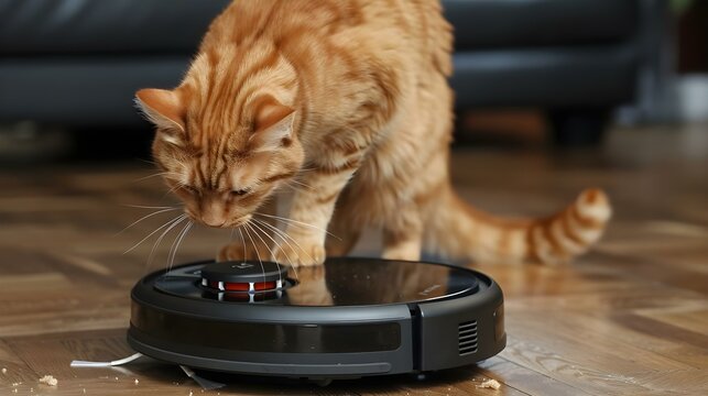 Curious Cat Engages with Robotic Vacuum on Wood Floor. Concept Pets playing with devices, Cat exploring, Robotic vacuum interaction, Indoor pet photography