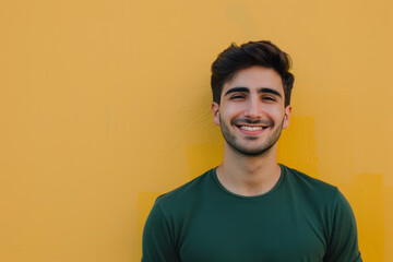 A man in a green shirt is smiling in front of a yellow wall