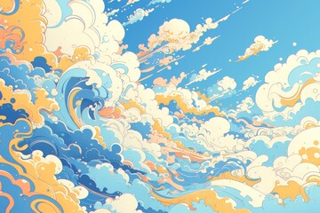 Fototapeta na wymiar A colorful cartoon illustration of waves and clouds in the sky, psychedelic, surrealism