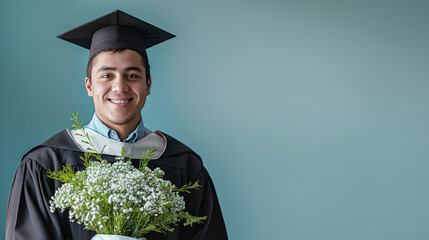 Smiling graduate in gown holding bouquet, teal backdrop highlights his academic milestone. Joyful achievement and fresh beginnings captured in his expression
