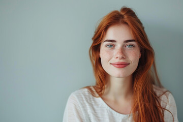 A woman with red hair and green eyes smiles for the camera