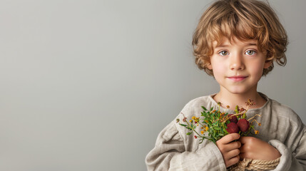 Young boy with curly hair holds wildflowers, innocence and curiosity in his gentle gaze. Neutral background accentuates moment of childhood simplicity