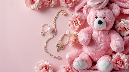 Creative layout with pink teddy bear with towel turban and luxury jewelry on pastel pink background