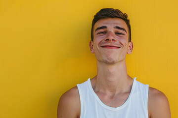 A young man in a white tank top smiles in front of a yellow wall