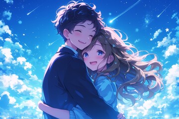 A cute anime couple, the boy is wearing a black jacket and blue shirt, the long brown haired girl has a light purple sweater dress, they stand under a beautiful sky with stars and clouds at night time