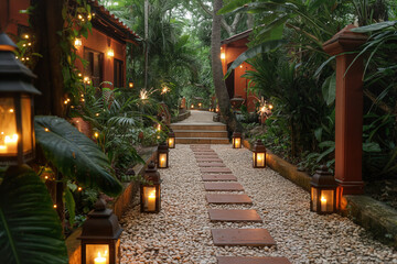 Twilight path lined with lanterns in tropical resort, inviting tranquility among lush foliage. Warm lighting complements exotic ambiance of serene walkways