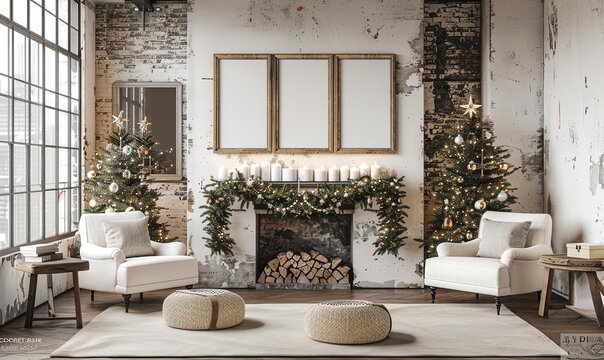 Stylish Frame Mock up. Christmas Interior Design Background