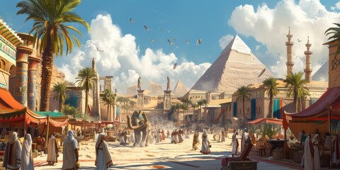 An ancient Egyptian city at the peak of its glory, with pyramids, Sphinx, and bustling markets....
