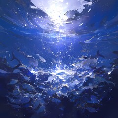 Spectacular Blue Ocean Depth with Mysterious Fish Illustration