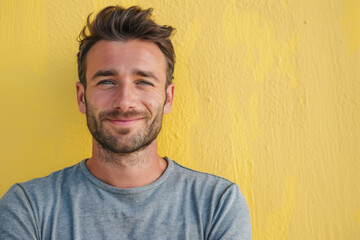 A man with a beard is smiling in front of a yellow wall