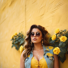 Young beautiful girl, wearing sunglasses, stylishly dressed with yellow flowers. Concept, summer bright style, copy space, template, banner.
