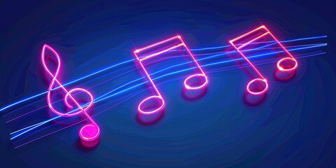 Neon style notes icon on blue representing music, a song, melody, or tune.
