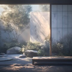 Illuminating Peaceful Zen Garden with Sunlit Plants and Rocks