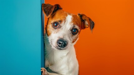 Curious Jack Russell Terrier dog peeks around a blue corner, contrasting with an orange background - obrazy, fototapety, plakaty