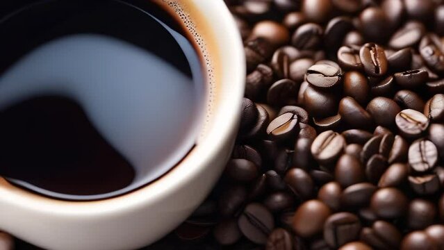 cup of coffee with fresh roasted coffee beans background. Copy space backdrop