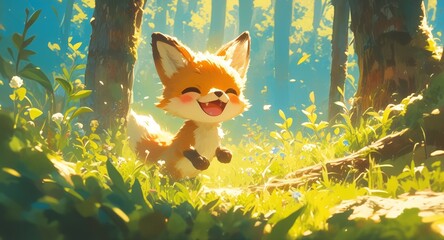 Fototapeta premium A cute fox is running through the forest, surrounded by sunlight filtering through trees. The fox is smiling with its tongue out as it plays in the splendor of spring. 