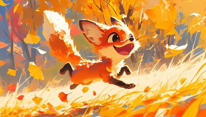 Fototapeta premium A cute fox playfully chasing leaves in the park, bathed in the style of golden sunlight