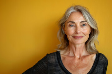 A woman with gray hair and blue eyes smiles in front of a yellow wall