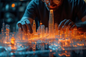 Architect reviewing 3D cityscape holograms, symbolizing futuristic urban planning, for architectural firm branding. - obrazy, fototapety, plakaty