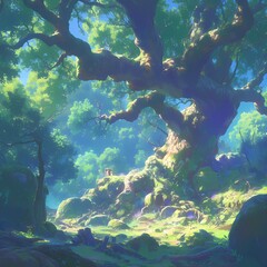 Enrapturing Enchanted Forest Scene with Majestic Ancient Tree and Radiant Sunlight Peeking Through