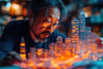 Architect reviewing 3D cityscape holograms, symbolizing futuristic urban planning, for architectural firm branding.