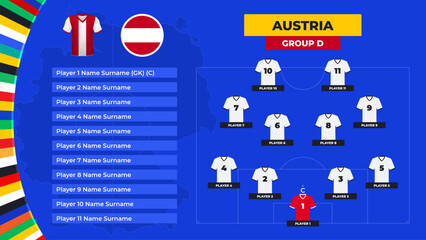 T-shirt and flag. Lineup of the Austria national football team. Football field with the formation of Austria players at the European tournament 2024. Vector illustration.