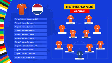 T-shirt and flag. Lineup of the Netherlands national football team. Football field with the formation of Netherlands players at the European tournament 2024. Vector illustration.