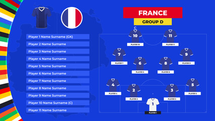 T-shirt and flag. Lineup of the France national football team. Football field with the formation of France players at the European tournament 2024. Vector illustration.