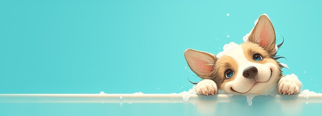 A cute happy puppy sitting in the bathtub with soap suds on light blue background, banner with copy space area - obrazy, fototapety, plakaty
