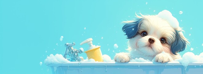 A cute happy Shih Tzu puppy sitting in the bathtub filled with soap suds and smiling - obrazy, fototapety, plakaty