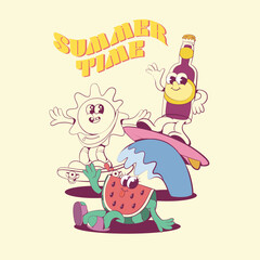 Retro groovy summer mascot characters